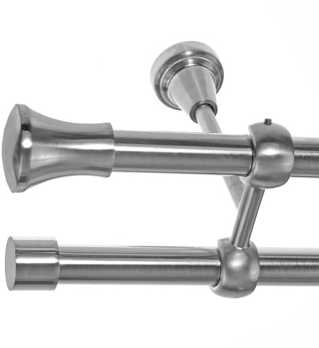 BASIT Gardinenstange Edelstahllook 19mm 2-läufig Decke 200cm lang D28 | Gardinenstangenset doppelläufig Deckenmontage Metall Vorhangstange Deckenhalterung 120-600cm wählbar Kappe Knauf E62