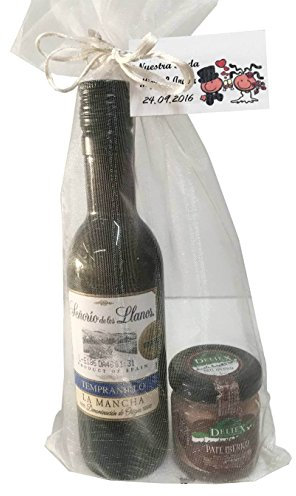 Regalo de vino Señorío de los Llanos Tempranillo con tarro miniatura de paté ibérico para invitados (Pack 24 ud)