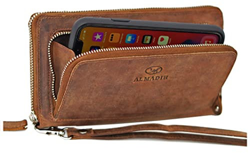 ALMADIH RFID Leder Portemonnaie Damen mit Handyfach und 12 Kartenfächer, intelligente Aufteilung, Metall-Reißverschluss Geschenkbox - Leder Damen Geldbörse Brieftasche Börse braun P28 (Avery Vintage)