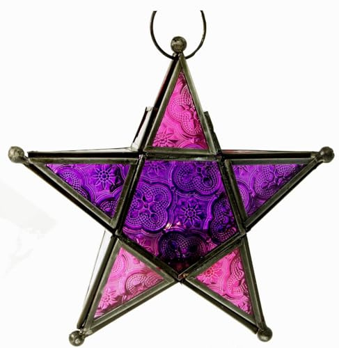 GURU SHOP Orientalischer Glas Stern in Marrokanischem Design, Glas Laterne, Windlicht, Lila/pink