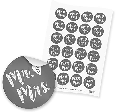 itenga 24x Sticker Aufkleber Mr. & Mrs. (Motiv124) für Hochzeit dunkelgrau weiß rund 4cm auf DIN A4 Bogen