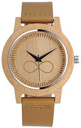 Unendlich U Herren Damen Unisex Bambus Unendlichkeit Zeichen Infinity Holzuhr Analog Quarzwerk Armbanduhr mit Lederband Für Frauen Männer Geschenke