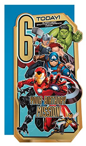 Hallmark 6th Birthday Card, MARVEL Avengers Design, Activity Inside, Gold, Blue