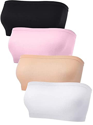 CLOUSPO Tube Top Soutien-Gorge sans Bretelles Bandeau Bra Extensible sans Couture avec Coussinets Amovibles pour Femme (Noir+Beige+Rose+Blanc, L)