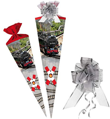 alles-meine.de GmbH Schultüte - Dampflok/Lokomotive - Eisenbahn/Zug - 22-85 cm - Größe wählbar - 6 eckig - incl. Schleife - Tüllabschluß - Zuckertüte - mit/ohne Kunststof..