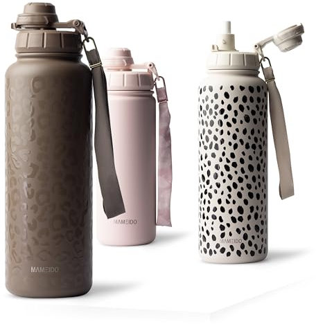 MAMEIDO Thermosflasche mit Strohhalm 1,2l, auslaufsichere Trinkflasche Edelstahl isoliert, Wasserflasche BPA-frei mit Trageschlaufe, Water Bottle Sport (Wild Allure, 1200ml)