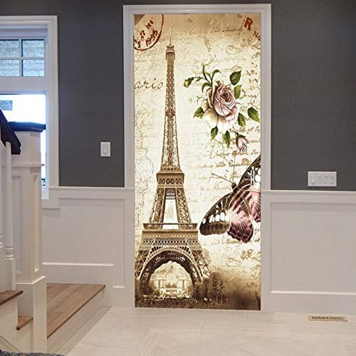 A.Monamour Türtapete Selbstklebend Türfolie Türposter 3D Vintage Blumen Schmetterling Paris Eiffelturm Postkarte Mit Stempel Vinyl Folie Türdeko Tapete Wandbild Türaufkleber Türtattoo 77 x 200 cm