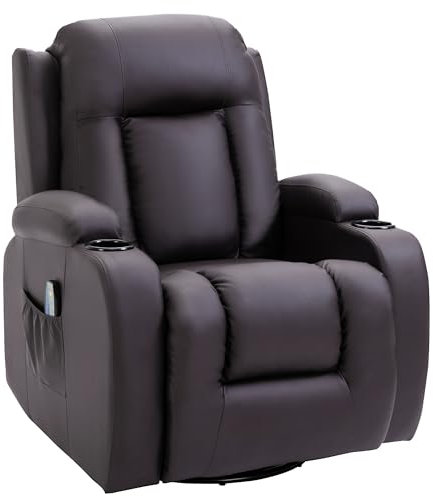 HOMCOM Fauteuil de Massage inclinable, Fauteuil de Relaxation, Dossier et Repose-Pieds réglable manuellement, Fonction Bascule, pivotant à 360°, Porte-gobelets, Poches latérales, télécommande, Marron