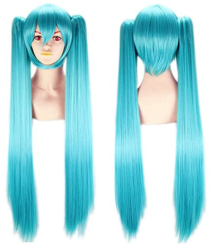 Lange Blaue Gerade Perücke mit 2 Pferdeschwänze Anime Party Vocaloid Hatsune Miku Cosplay Wig Clip auf 100cm/39in Synthetische Fibre