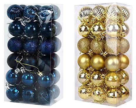 72Pcs Christmas Balls Ornaments, 6 Style Xmas Baubles Tree Decorations Shatterproof Hanging Assorted Balls Set for Holiday Wedding Party Decoration (navy blue&gold)