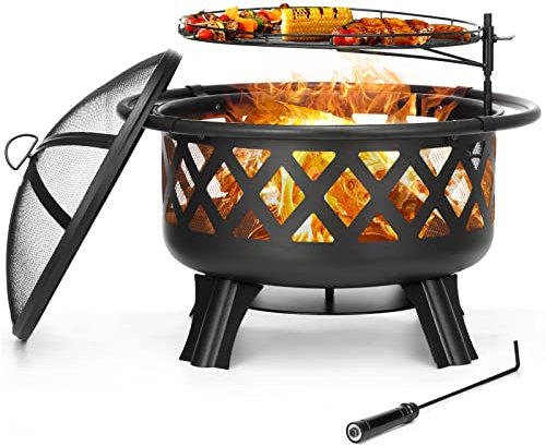 SINGLYFIRE 76,2 cm große Feuerstelle für den Außenbereich mit Grill, Holzfeuerstelle, große Stahl-Feuerstelle, Schüssel für Terrasse, Hinterhof, Picknick, Garten, mit drehbarem Grill, Ascheteller,