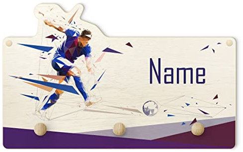 Kindergarderobe Holz mit Wunschtext - Fußballspieler stürmt voran mit Wunschname, Größe HxB: 25x40 cm