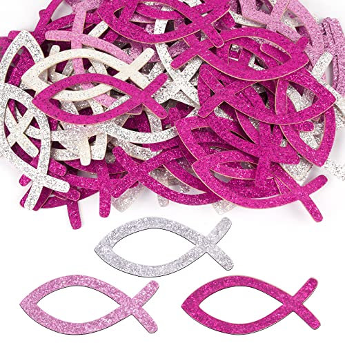 FLOFIA 90 Stk Fisch Deko Taufe Kommunion Streudeko Fische Tischdeko Konfirmation Dekoration Glitzer Papier Fisch Konfetti für Junge Mädchen Rot Rosa Silber
