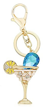 YQHWLKJ Wine Glass Cup Lemon Goblet Keyring Chains Holder Crystal Bag Buckle Pendant For Car Keyrings Keychain-Blue