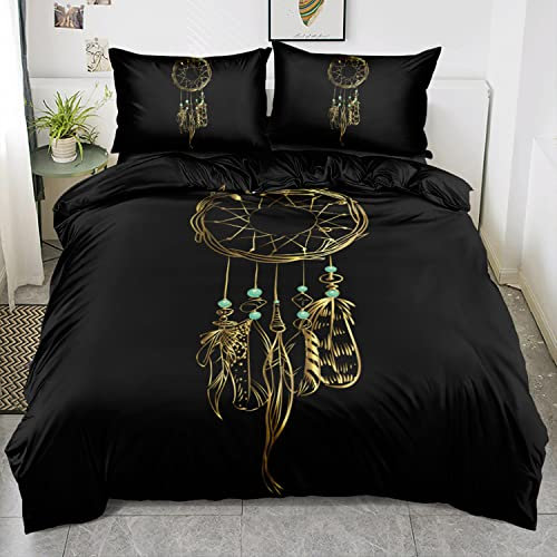 Gezu Bettwäsche 135x200cm Traumfänger Schwarz Gold Boho Style Wende Bettwäsche Set 3D Effekt Druck Microfaser Bettbezug und Kissenbezug 80x80cm mit Reißverschluss