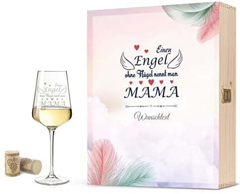Leonardo Puccini Weinglas mit Gravur inkl. bedruckter Holzkiste - Engel ohne Flügel nennt man Mama - Geschenk für Mama zum Muttertag Geburtstag - Muttertagsgeschenk für Sie - Farbe: Große Kiste UV
