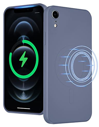 UEEBAI Flüssigsilikon Handyhülle zum kabellosen Aufladen für iPhone XR, Integrierte Magnete Kompatibel mit MagSafing Faster Charging Slim Fit Weiche Mikrofaserhülle - Blau Grau