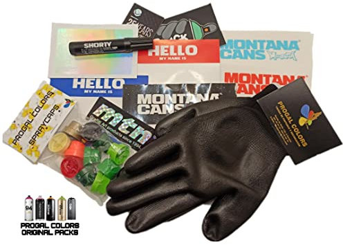 PROGAL COLORS Zubehör-Set (Handschuhe + 12 verschiedene Diffusoren + Montana Cans Shorty Marker 4 mm, Schwarz + verschiedene Aufkleber, einschließlich Hello und Eierschale)