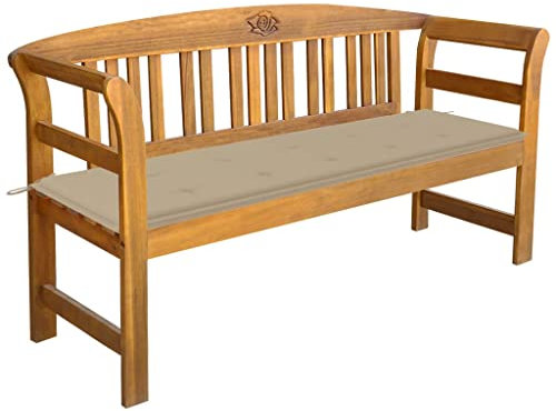 Gartenbank Friesenbank, Parkbank, Gartenbank mit Auflage 157 cm Massivholz Akazie Deko Blumenbank Ideal für Garten und Stadt Beige
