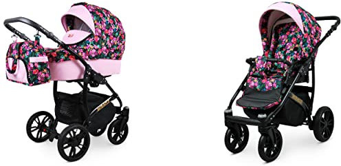 BabyLux Miracle 2-in-1 Baby Kinderwagen Tief und Kinderwagen mit Zubehör Verstellbar und faltbar Aluminium Konstruktion Wasserdicht Nicht abnehmbare Räder Gold Braid