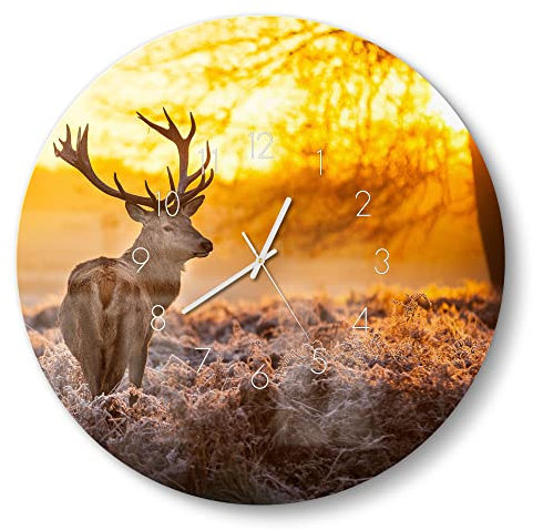 DEQORI Glasuhr | rund Ø 50 cm | Motiv Hirsch am Wintermorgen | große XXL Design Uhr aus Glas | leise Wanduhr für Wohnzimmer & Küche | Moderne Hingucker Uhr für die Wand