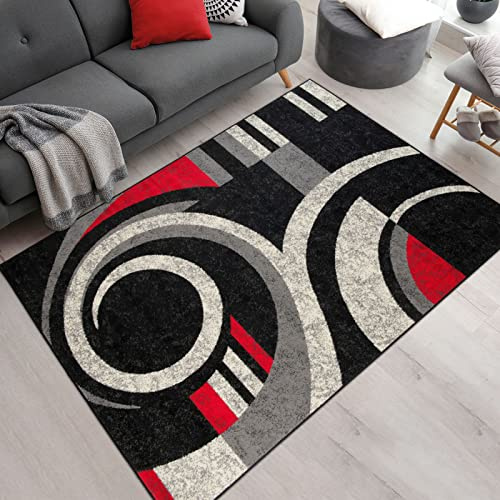 Mazovia Teppich Wohnzimmer 80x150cm Schwarz Rot Geometrisch 90er-Retro | Teppich für Schlafzimmer Büro Esszimmer Weich Pflegeleicht Fußbodenheizungsgeeignet Reinigungsmittelbeständig Kurzflor