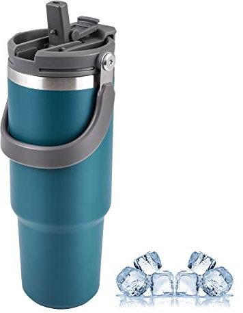 30oz Travel Tumbler with Straw Lid and Handle, 900ml Stainless Steel Travel Mug Double Wall Vacuum Insulated Coffee Mug, Modern Leak Proof Water Bottle for Coffee, Water, Tea, Hot Cold Drinks(Blue)