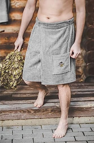 Ger3as Saunakilt für Herren, Saunatuch mit Gummizug und S-XXL mit Klettverschluss, 100% Baumwolle frottee Tuch, Saunasarong Handtuecher Schnelltrocknend (Grau)