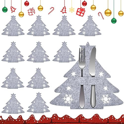 12 Stück Weihnachten Besteckhalter, Besteckhalter Weihnachten Filz, Weihnachten Bestecktaschen, Grau Weinachts Messer Gabeln Löffel Geschirr Besteck Taschen für Party Tisch Weinachtsdeko