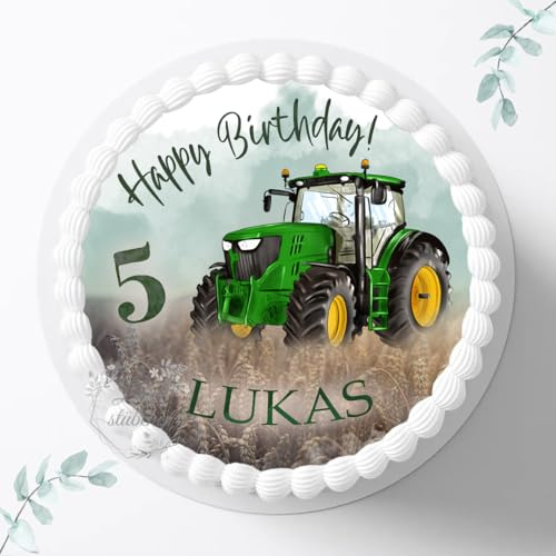 Tortenaufleger Trecker zum Geburtstag, personalisierbar mit Name und Alter, ⌀20cm rund Zuckerbild, Foto Traktor für Torten, Fondant für Kinder 3020G_2