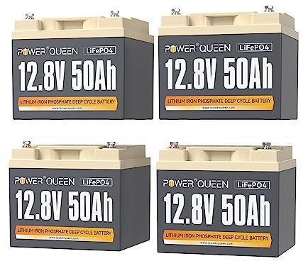 Power Queen Batterie 12V 50Ah LiFePO4(Pack de 4), Rechargeable Batterie avec 50A Protection BMS et 4000-15000 Cycles Profonds, sans Entretien Parfait pour Camping-Car, Système Solaire, E-Scootern