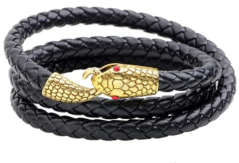 JewelryWe Schlange Leder Armband Herren: Vintage Gold Ouroboros Mehrschichtig geflochten Lederarmband Schlangenarmband Wikinger Amulett Multi-Turn Wickelarmband Biker Armreif