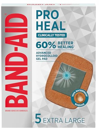 BAND-AID Brand Pro Heal Adhesive Waterproof Bandages, Hydrocolloid Gel Patch for First Aid, Clinically Tested for Better Healing of Minor Blisters and Wounds, Extra Large, 5 Count