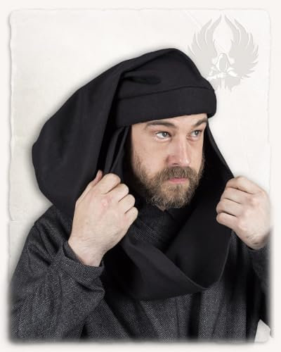 MYTHOLON Rafael Chaperon, Canvas, schwarz, XXL, Mittelalter Kopfbedeckung, Gugel, Haube