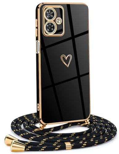 Mkej Funda para Motorola Moto G54 5G con Cuerda, TPU Suave Silicona diseño de corazón con Chapado en Oro de Lujo, Funda Motorola Moto G54 5G Cuerda para Mujeres y niñas