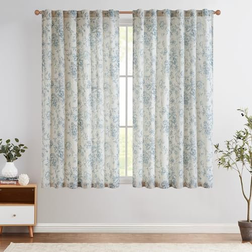 Vangao Leinen Gardinen mit verdeckten Schlaufen Leinen Vorhänge 140Bx175H(cm) Länge Blumen Bedruckte Landhaus Halbtransparent Curtains Fenster Vorhänge für Wohnzimmer 2 Panels Blau auf Beige