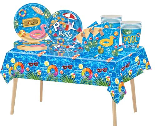 69Pcs Summer Pool Beach Party Tableware Plastic Ocean Waves Table Cloth,Paper Plates,Napkins and Cups Dinnerware Set for Kids Birthday Hawaiian Summer Swimming Pool Beach Party Decorations