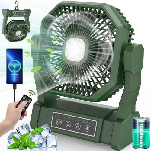 BIBURY Camping Ventilador con Luz LED, Recargable para Tienda de Campaña al Aire Libre con Gancho y Remoto, Ventilador de Escritorio USB Potente de 4 Velocidades para Pesca, Picnic (Verde)