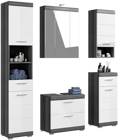 Lomadox Badezimmermöbel Set 5-teilig Badezimmerschrank Waschbeckenunterschrank Hochschrank modern in Hochglanz weiß mit grau