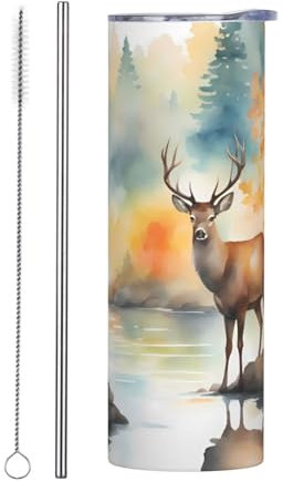 XZDCAL Deer by the river - Vaso recto de acero inoxidable de 20 onzas con tapa sellada y juego de popotes