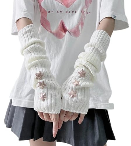 Moguri 1 Paar Y2K Ästhetik Grunge Stil Handschuhe, Weiche Weiße Fingerlose Handschuhe mit Sternverzierung, Ärmel für Goth Outfits, Armstulpen für Damen, Femboy Kleidung, Modische Accessoires