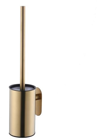 Escobilla de inodoro de acero inoxidable y soporte, montaje en pared, autoadhesivo, mango largo, sin taladrar, limpiador resistente para baño, dorado cepillado