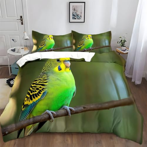 Bettwäsche-Sets 135x200cm Vögel Papageiengrün Bettwäsche 3 Teilig, Weich Atmungsaktiv Polyester-Baumwolle Bettbezug Set mit Reißverschluss, 2 Kissenbezüge 80x80 cm