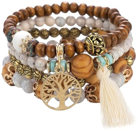 Multi-Layer Boho Beaded Bracelet - Elastic Wooden and Tassel Tourist Souvenir Tree of Life for Women (Pack of 4)