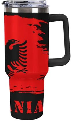 40 oz Vintage Albanien Albanische Flagge Autobecher mit Henkel, 2-in-1 Strohhalm und Trinkdeckel, auslaufsicherer, isolierter Reisekaffeebecher aus Edelstahl mit großem Fassungsvermögen, passt in den