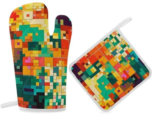Pixel Art Ofenhandschuhe und Topflappen-Set, Küchenhandschuhe, Kochhandschuhe mit Aufhängeschlaufe, hitzebeständiges Topflappen-Set für Koch, Backen, Kochen, Grillen