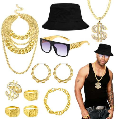 10 Stück Hip Hop Kostüm Set, 80er 90er Jahre Rapper Kostüm Zubehörset mit Dollarzeichen Halskette Ringen Ohrringen Sonnenbrille Armband Fischerhut für Frauen & Männer Hippie Disko Mottoparty