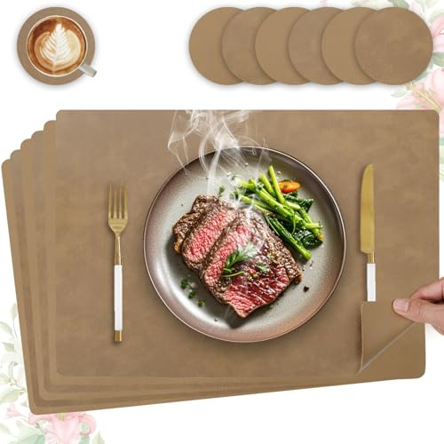 HELI MIAO 6er Set Tischset aus Leder-Imitat，Platzsets abwaschbar und wasserdicht，Platzdeckchen Lederoptik mit Untersetzer,Tischuntersetzer Doppelseitigen rutschfest(Eckig,Khaki)