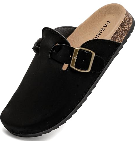 Otoepazm Mules et Sabots Homme Femme,Chaussons Cuir Liège Pantoufles Sabot Adulte- Antidérapants Semelle, Noir, 37EU