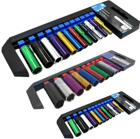 Dunnet Tools Deep Socket Sets 1/4 3/8 1/2 32pc Coloured Socket Sets 1/4 3/8 1/2 Inch Heavy Duty Sockets On Storage Rail Metric 4-24mm Tool Set Plumbing Electrician Mechanic Tools